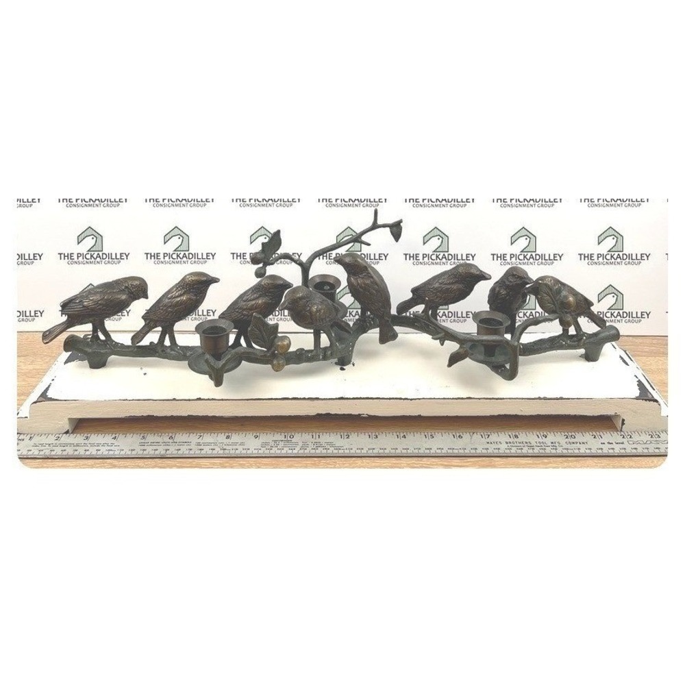 Bronze Metal Birds on Branch 3-Candle Holder Distressed White Wood Base 22in